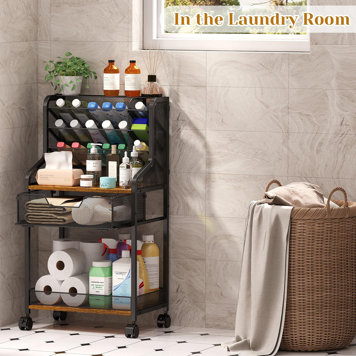 Jakyitvi 6-Tier Rolling Bathroom Storage Cart with Mesh Drawer, Metal Utility Cart with Lockable Wheels for Towels, Toiletries, and Cleaning Supplies, Organization Cart for Bathroom, Kitchen, Laundry Jakyitvi