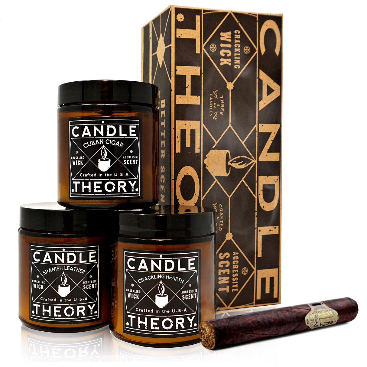Scented Candle Gift Set of 3, 4oz Candles, Crackling Wood Wick Candled for Home, 3 Scents Cuban Cigar, Spanish Leather, Crackling Hearth, Mens Candle Bachelor Pad Decor Man Cave Decor CANDLETHEORY