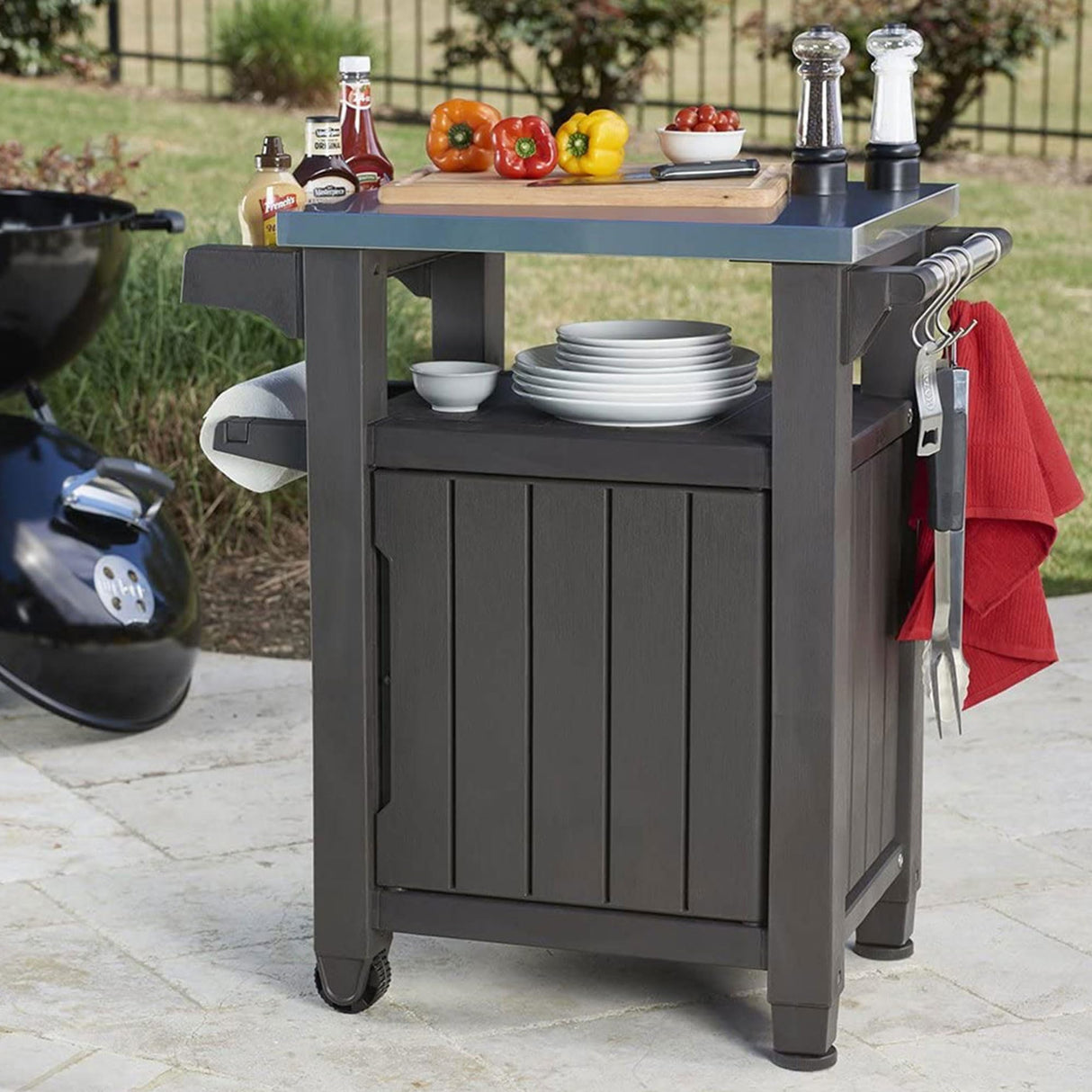 Keter Outdoor Grill Prep Table & Serving Cart, Stainless Steel Top, Unity, 40 Gal, Brown - Portable Bar Table and Cooking Accessory for Pool, Patio, Lawn, and Backyard Keter