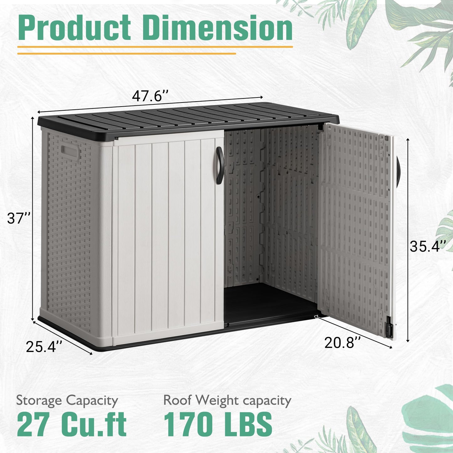 Greesum Outdoor Horizontal Storage Sheds 27 Cu.ft Resin Large Storaged Box Weather Resistance, Without Shelf, Easy to Assemble, Prefect for Garden, Patios, Backyards, White