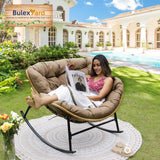 BULEXYARD Oversized Papasan Rocking Chair Indoor Outdoor 450lbs, Brown Wicker Royal Rocking Egg Chair with Brown Thick Cushion, Cozy Recliner Lounge Rocker for Balcony, Porch BULEXYARD