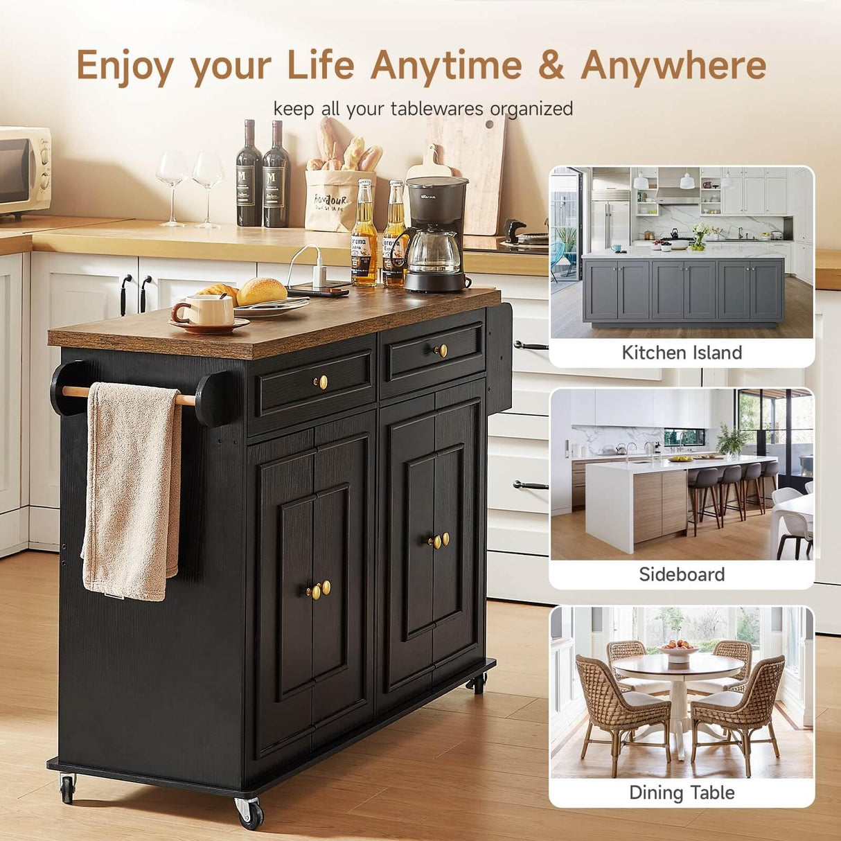 ONBRILL 58" Mobile Kitchen Island, Kitchen Island Cart with Power Outlet, Island Table for Kitchen, Home Bar Carts with Storage, Kitchen Rolling Island with Spice Rack & Towel Rack & Knife Holder ONBRILL