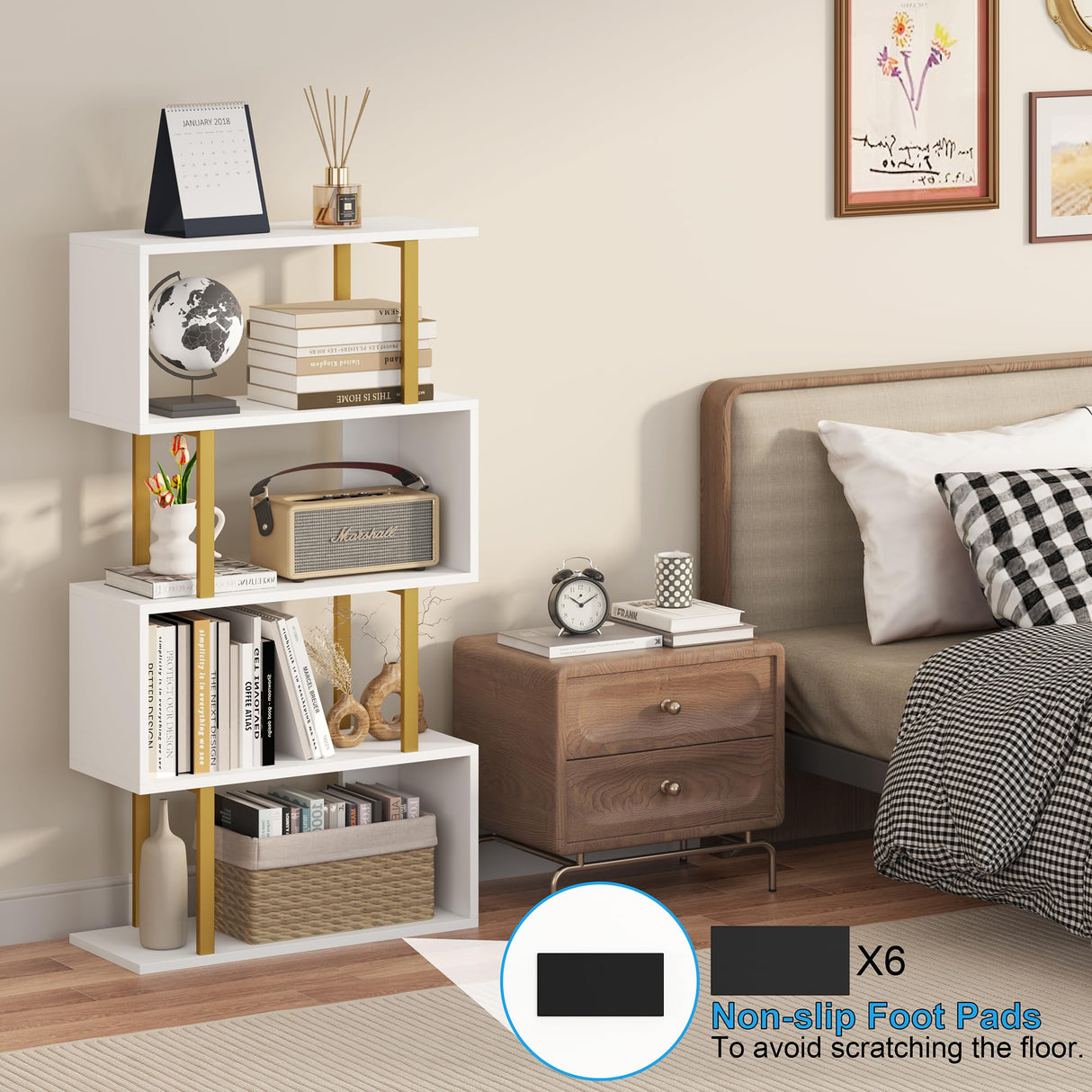 Yusong Geometric Bookcase, S Shaped Bookshelf 4-Tier Book Shelves for Bedroom, Modern Wood Decorative Display Shelf Tall Book Case for Home Office, Gold and White Yusong