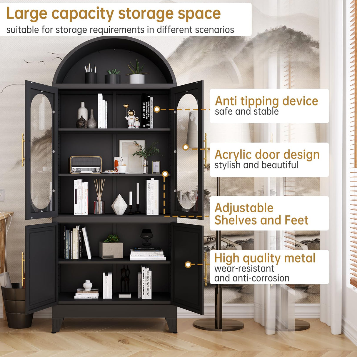 PAOFIN 73" Metal Tall Arched Kitchen Pantry Cabinet, Modern Farmhouse Kitchen Storage Cabinets with 3 Adjustable Shelves, Versatile Cupboard for Kitchen, Dining Room, Black PAOFIN