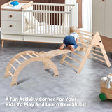 Agiyimi 4 in 1 Pikler Triangle Climber, Foldable Wooden Triangle Ladder Montessori Climbing Toys with Ramp Arch Climber Rocker Indoor Outdoor Gym Playground Climbing Toys for Toddlers(Natural) Agiyimi