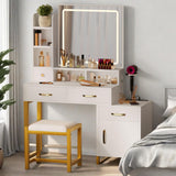 DWVO Vanity Desk with Mirror and Lights, Makeup Vanity Set with Adjustable 3-Mode Lighting and Power Outlet, Vanity Desk with Multiple Storage Drawers, Shelves, Cabinet and Stool, Frost White DWVO