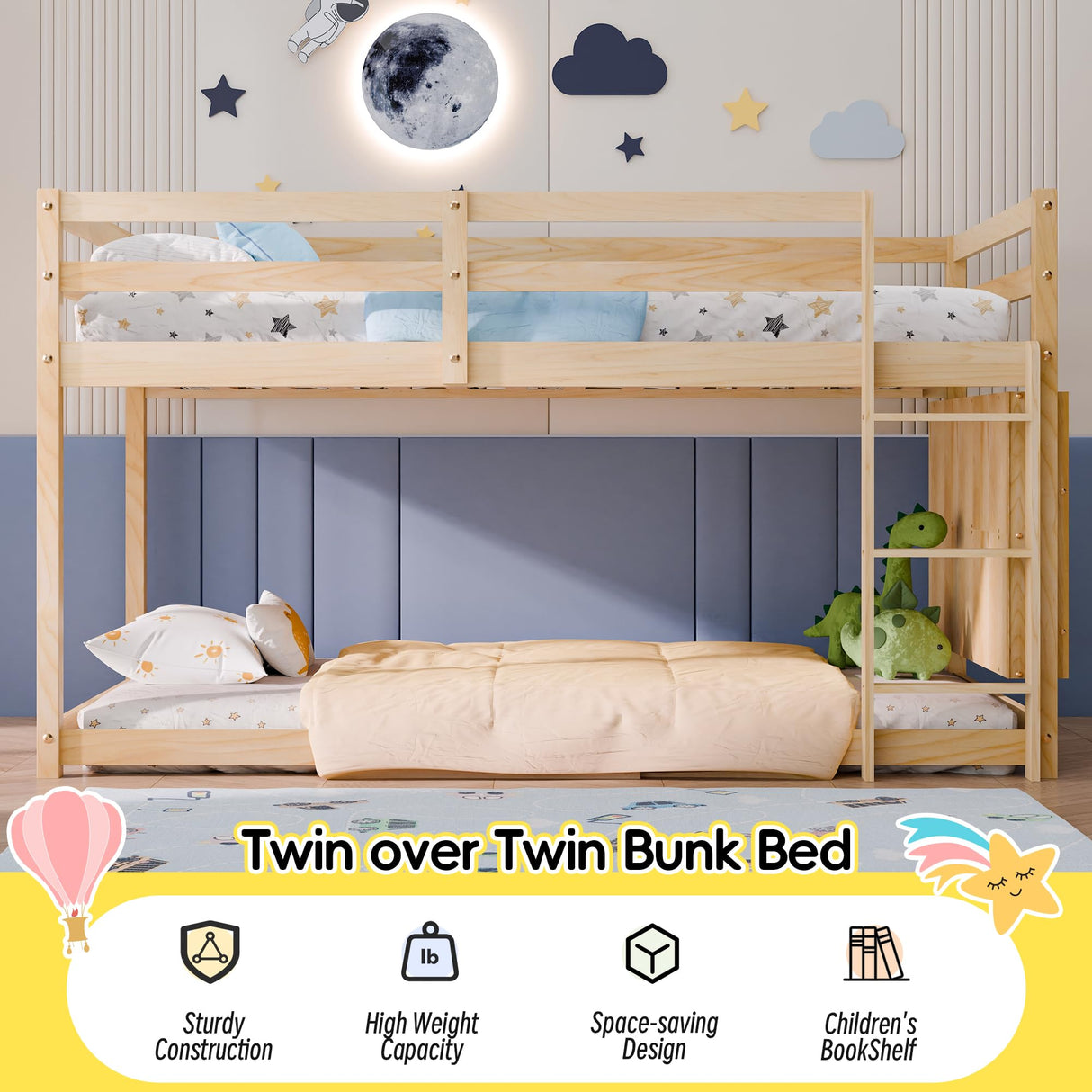 Xilingol Low Bunk Bed for Kids, Floor Bunk Bed Twin Over Twin with Bookshelves & Full Guardrails, Wooden Twin Bunk Bed Frame for Bedroom, Dorm, Boys, Girls, Children, Toddler (Natural) Xilingol