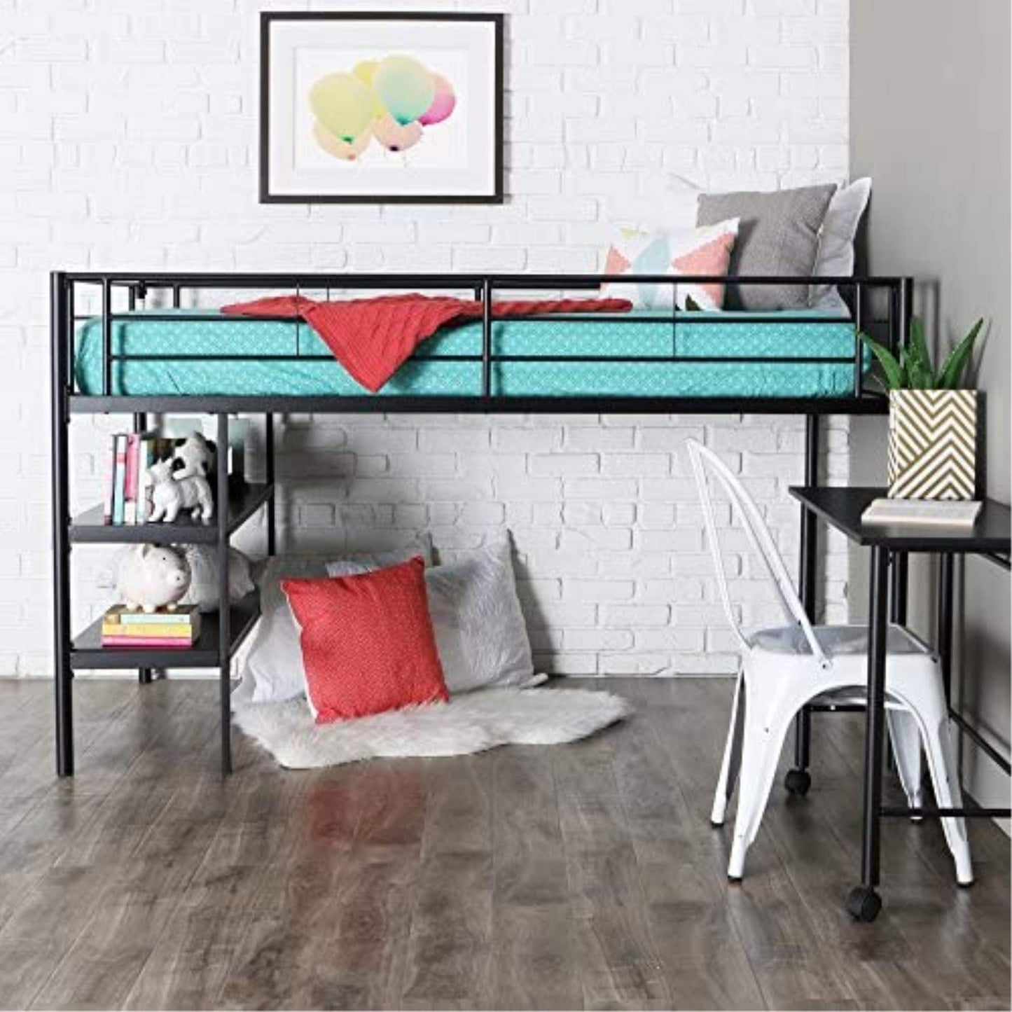 Walker Edison Metal Black Twin Low Loft Bunk Floating Bed Kids Bedroom Storage Guard Rail Ladder Bedframe