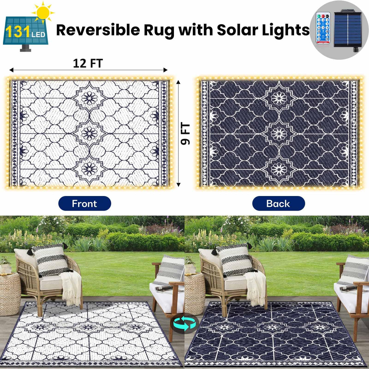 9x12Ft Outdoor Rug, Solar Powered Outdoor Rug with 131LEDs Strip Lights for House Deck, Waterproof Plastic Reversible Outdoor Straw Rugs, Rugs Mat RV Camping Patio Beach Balcony Picnic (Blue White) Capybland