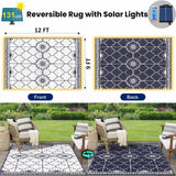 9x12Ft Outdoor Rug, Solar Powered Outdoor Rug with 131LEDs Strip Lights for House Deck, Waterproof Plastic Reversible Outdoor Straw Rugs, Rugs Mat RV Camping Patio Beach Balcony Picnic (Blue White) Capybland