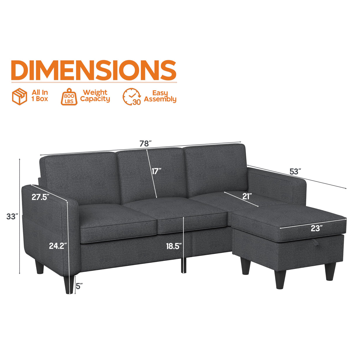 ZeeFu Convertible Sectional Sofa Couch: Dark Gray 3Seat L-Shaped Sectional Sofa Couches with Storage Ottoman - Modern Linen Fabric Small Sofa Furniture Set for Living Room Office Small Space Apartment ZeeFu