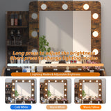 Garveehome Vanity Desk with Mirror and Lights, Makeup Vanity with Power Outlet & Cushioned Stool, 3 Lighting Modes Adjustable Brightness, Dressing Table with Hairdryer Holder for Bedroom, Rustic Brown GarveeHome