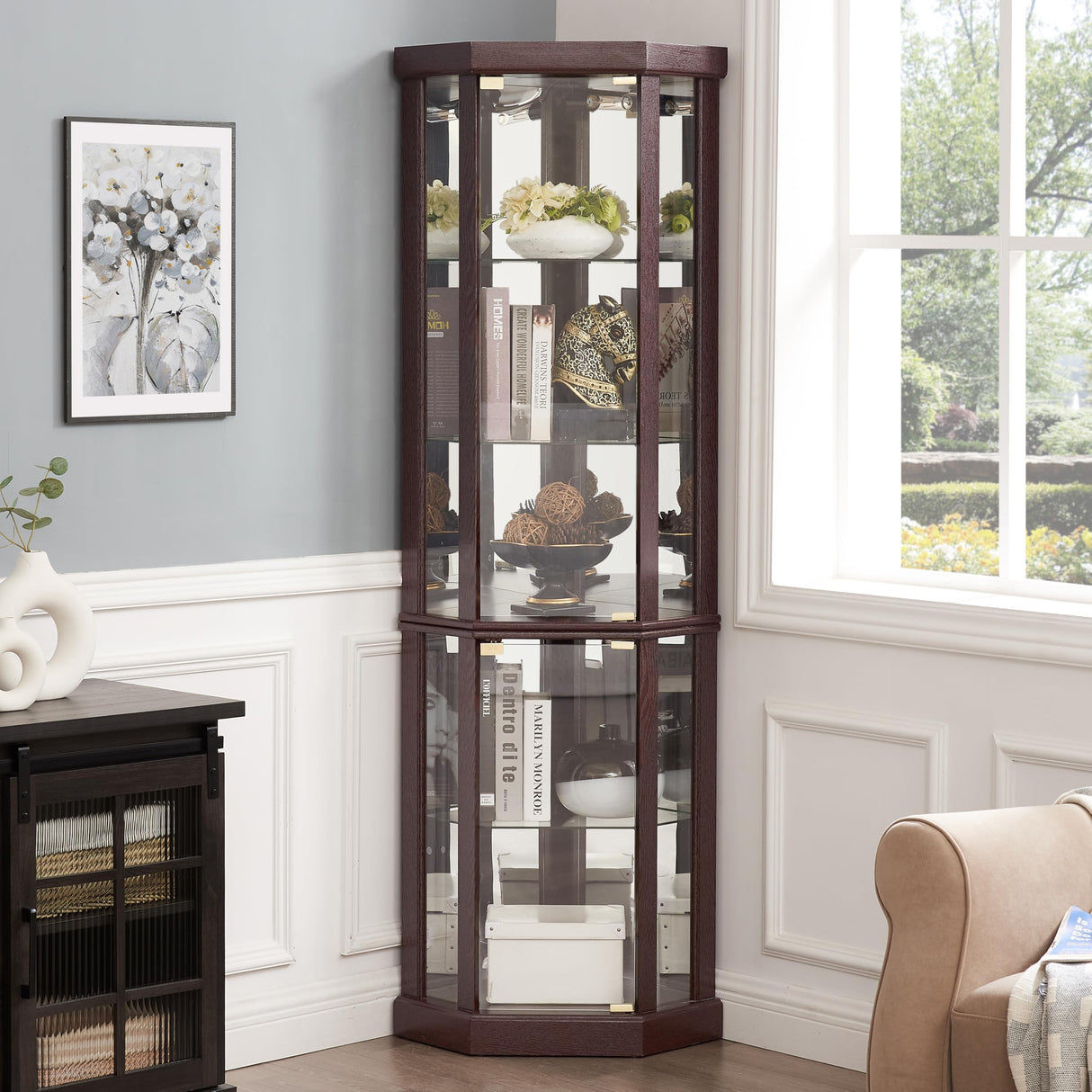 nifoti 69" H Lighted Curio Cabinet Corner Display Case,Corner Glass Cabinet with Tempered Glass Door and Adjustable Shelves,Wooden Corner Curio Cabinet with Mirrored Back Pane (Style 1 - Dark Cherry) nifoti