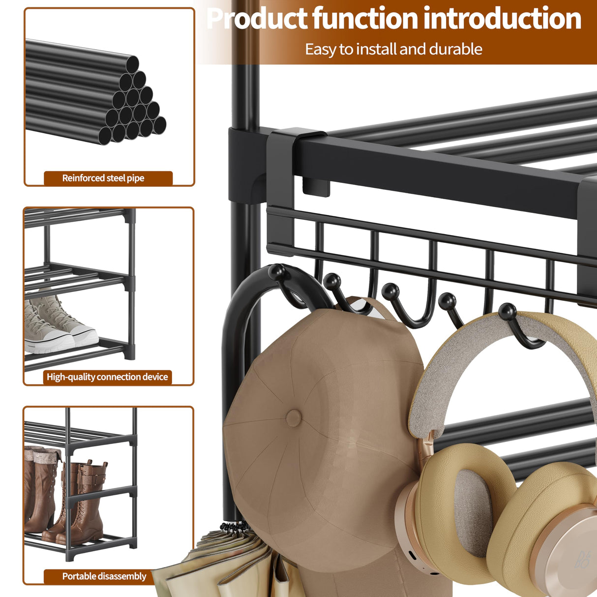 Saincustom 10 Tier Metal Shoe Rack, Tall Shoe Rack for Entryway, Shoe Organizer for Closet, Shoe Storage for Front Door Entrance & Entryway, Black Large Long Shoe Stand Holder Adjustable Shelf Height Saincustom