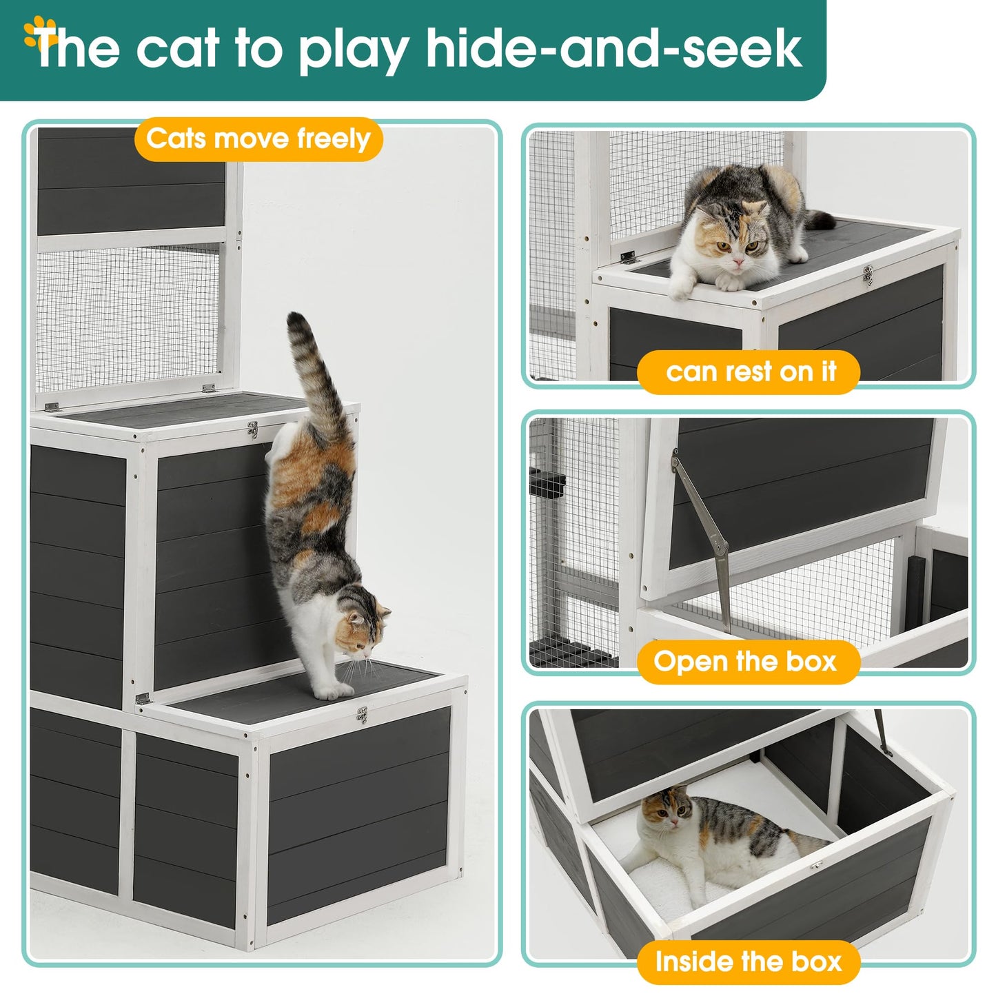 Outdoor Cat House, 3-Tier Cat Enclosures Wooden Catio Outdoor & Indoor Cat House with 4 Platforms and 2 Doors Weatherproof Cat Resting Box Gray One Size