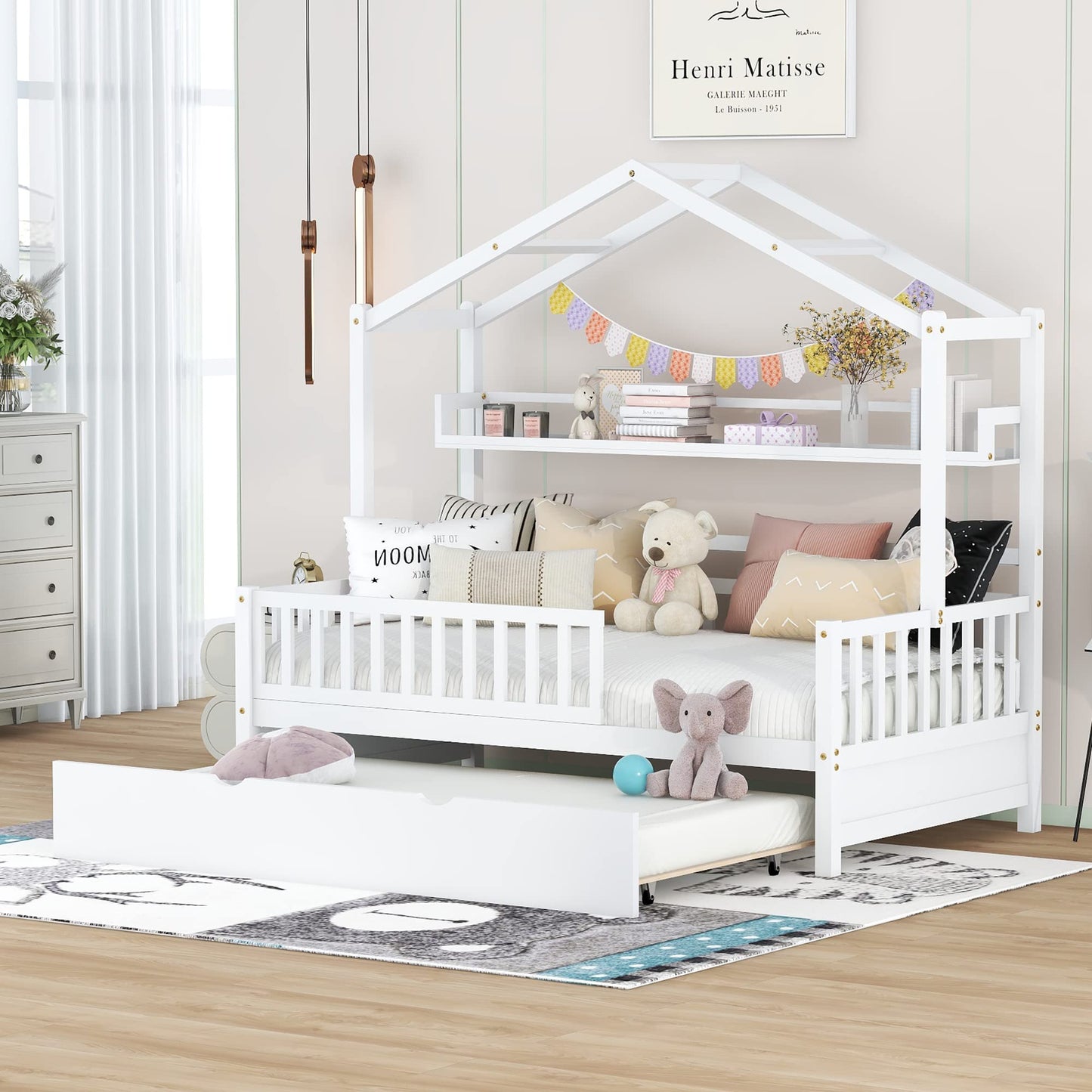 Bellemave Twin Size House Bed with Trundle and Storage Shelves for Kids - White Montessori Playhouse Frame - WoodArtSupply