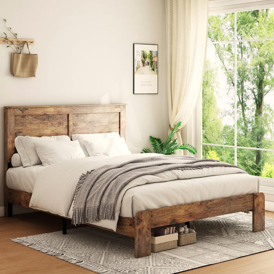 Rustic Vintage Full Bed Frame with Wood Headboard – No Box Spring Needed - WoodArtSupply