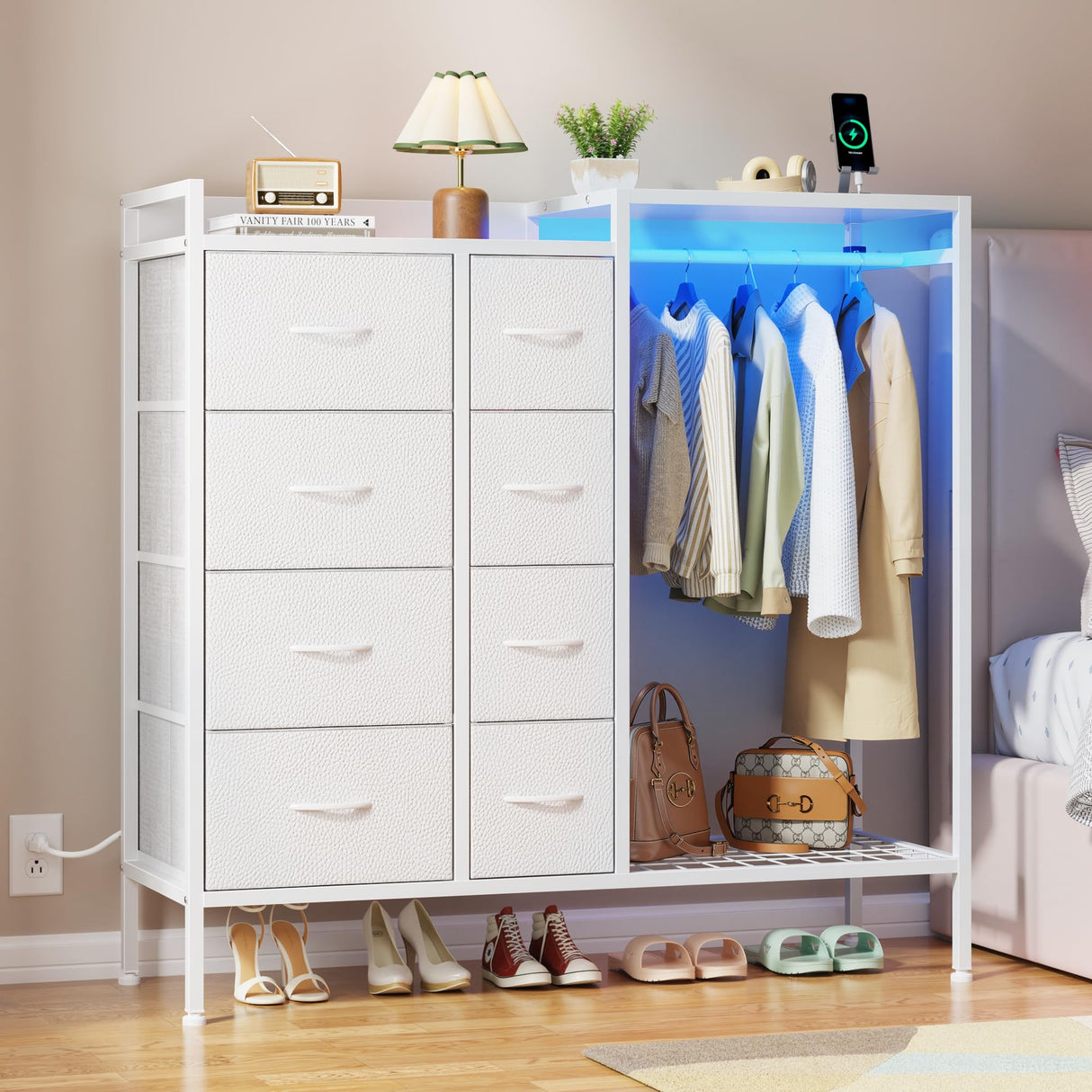 HIGDBFE 8-Drawer Dresser with Hanging Rack, Fabric Dresser with Charging Station & LED Lights, 42" W Dressers with Wooden Top for Clothes Storage, Fabric Chest of Drawers for Bedroom, White HIGDBFE