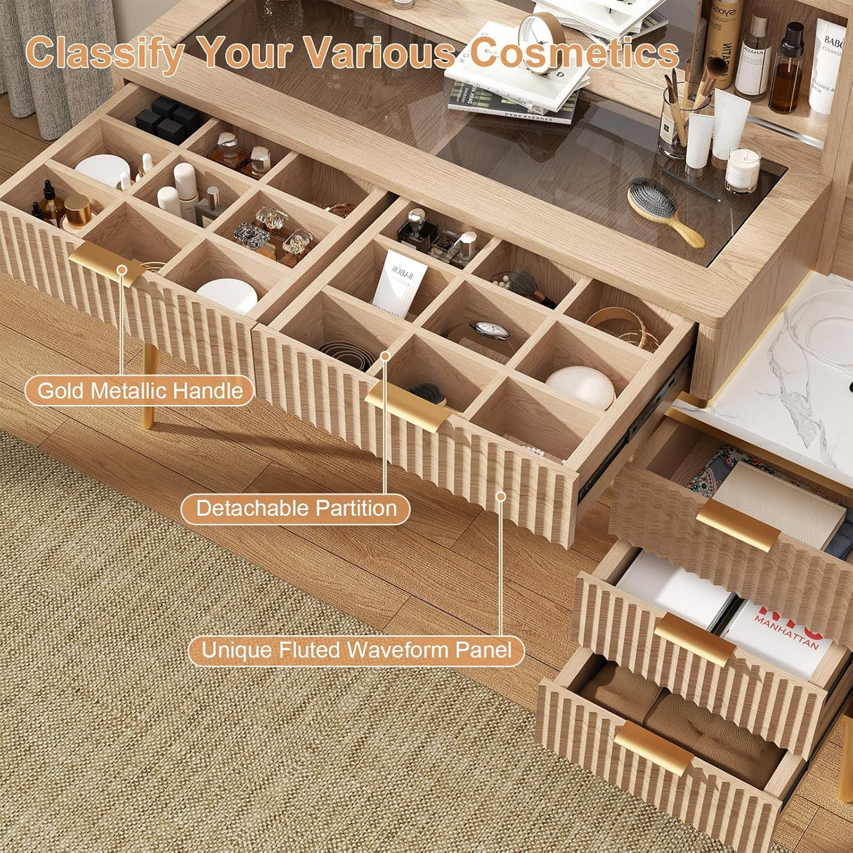 48" Fluted Makeup Vanity Desk with Sliding Mirror and Lights, Wooden Dressing Table with 5 Drawers and Adjustable Shelves,Makeup Vanity Table Modern Glass Top Charging Station for Bedroom (Wooden) TTSITG