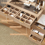 48" Fluted Makeup Vanity Desk with Sliding Mirror and Lights, Wooden Dressing Table with 5 Drawers and Adjustable Shelves,Makeup Vanity Table Modern Glass Top Charging Station for Bedroom (Wooden) TTSITG