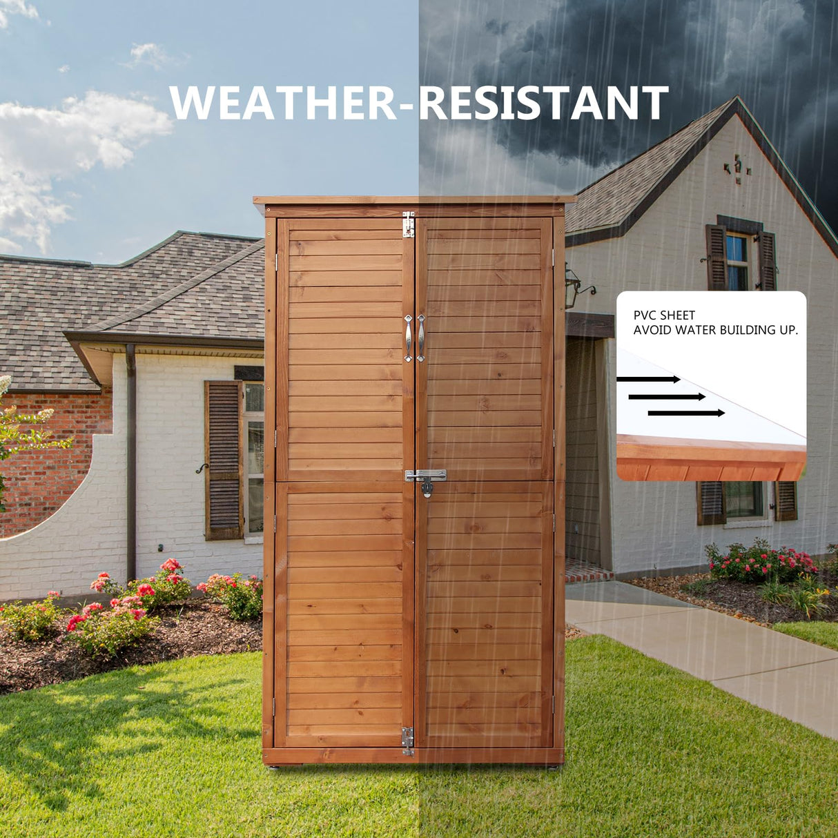 YTGLEN Outdoor Storage Cabinet, Wood Garden Shed, Pool Storage Shed with Lockable Door, Waterproof Roof and 2 Removable Shelves, Vertical Outside Storage Shed for Patio, Backyard and Lawn, Oak Brown YTGLEN