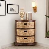 Hampton Meadows 3 Tier X-Side Corner Table Storage Cabinet with 3 Wicker Baskets, Walnut eHemco