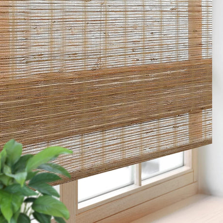 FACIMI Cordless Natural Bamboo Roman Shades with 6-Inch Valance - Custom Light Filtering Blinds in Line Brown Facimi