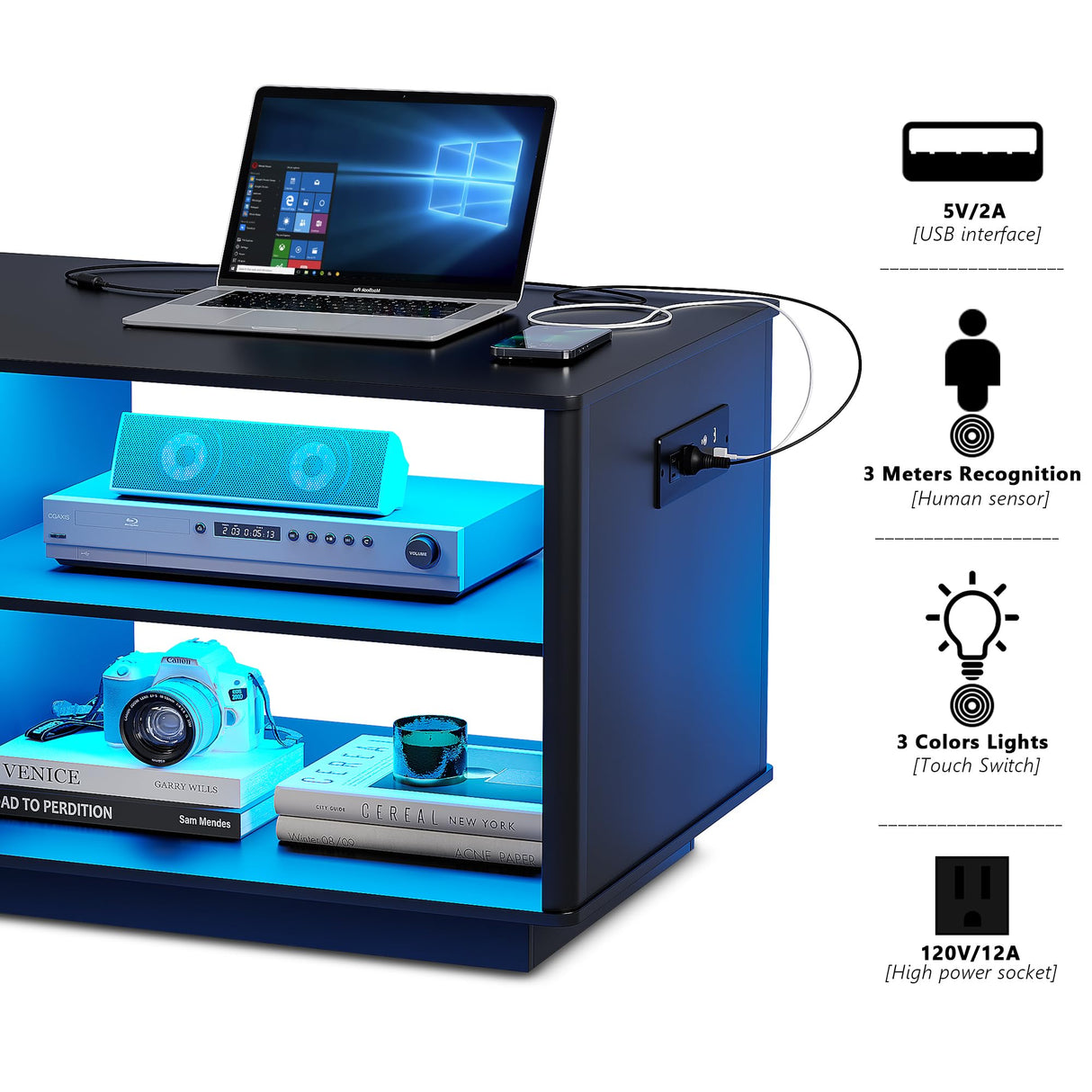 Lvifur 43'' Coffee Table with LED Lights & Charging Station, 3 Color Dimmable Auto Sensor Dining Table with 2 Storage Shelf and 1 Drawer,Farmhouse Center Table for Living Room(Black) Lvifur