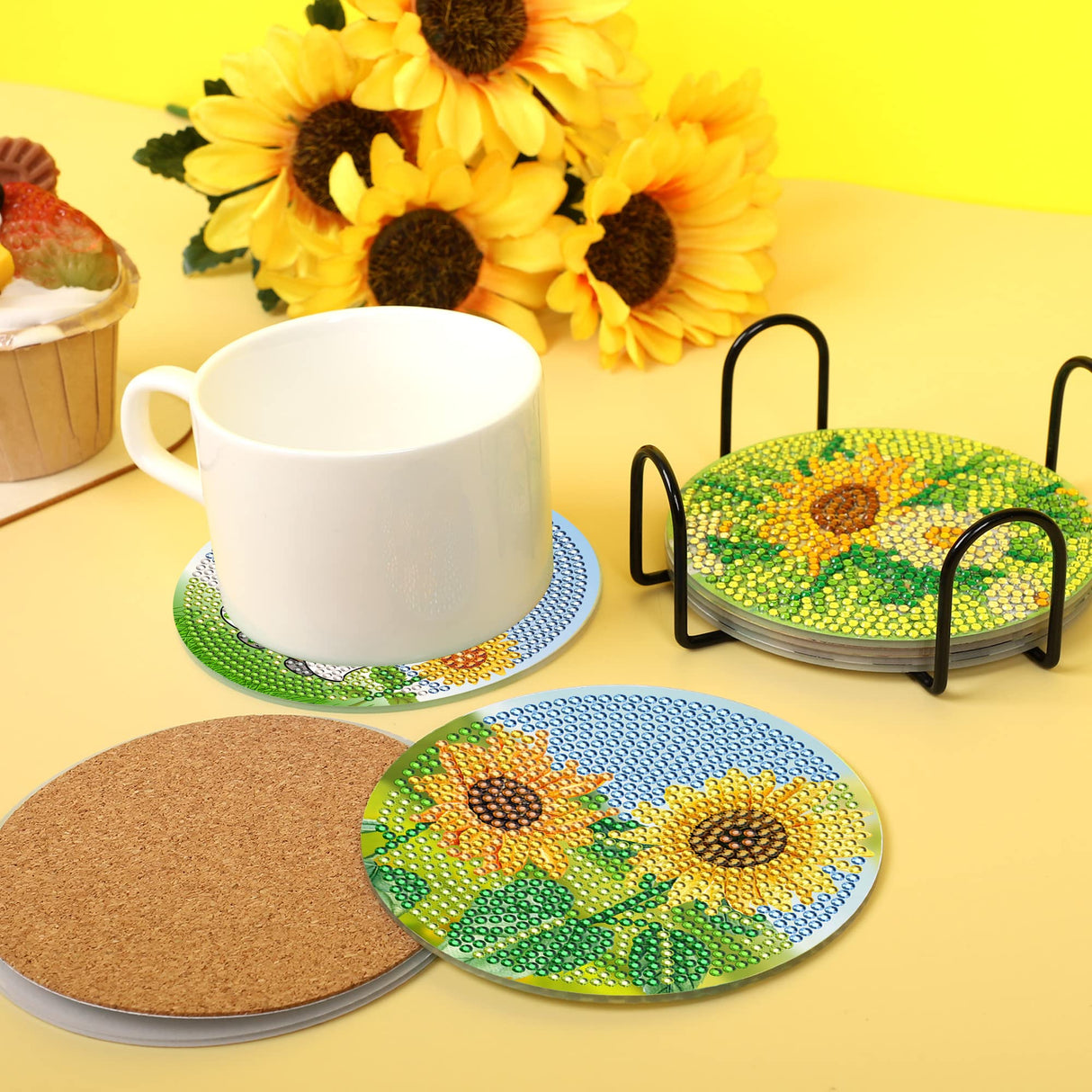 8 Pieces Sunflower Diamond Art Painting Coasters DIY 5D Full Drill Coasters Acrylic Round Cup Coaster with Holder Cork Pads for Spring Summer Party Home Decor DIY Crafts Augisteen