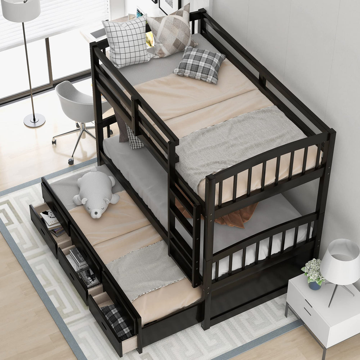 Ball & Cast Twin Over Twin Bunk Bed with Trundle & 3 Drawers, Convertible Solid Wood Bed Frame with Ladder & Full Length Guardrails, Detachable Bunk Beds for Kids,Teens,Space Saving, Espresso Ball & Cast