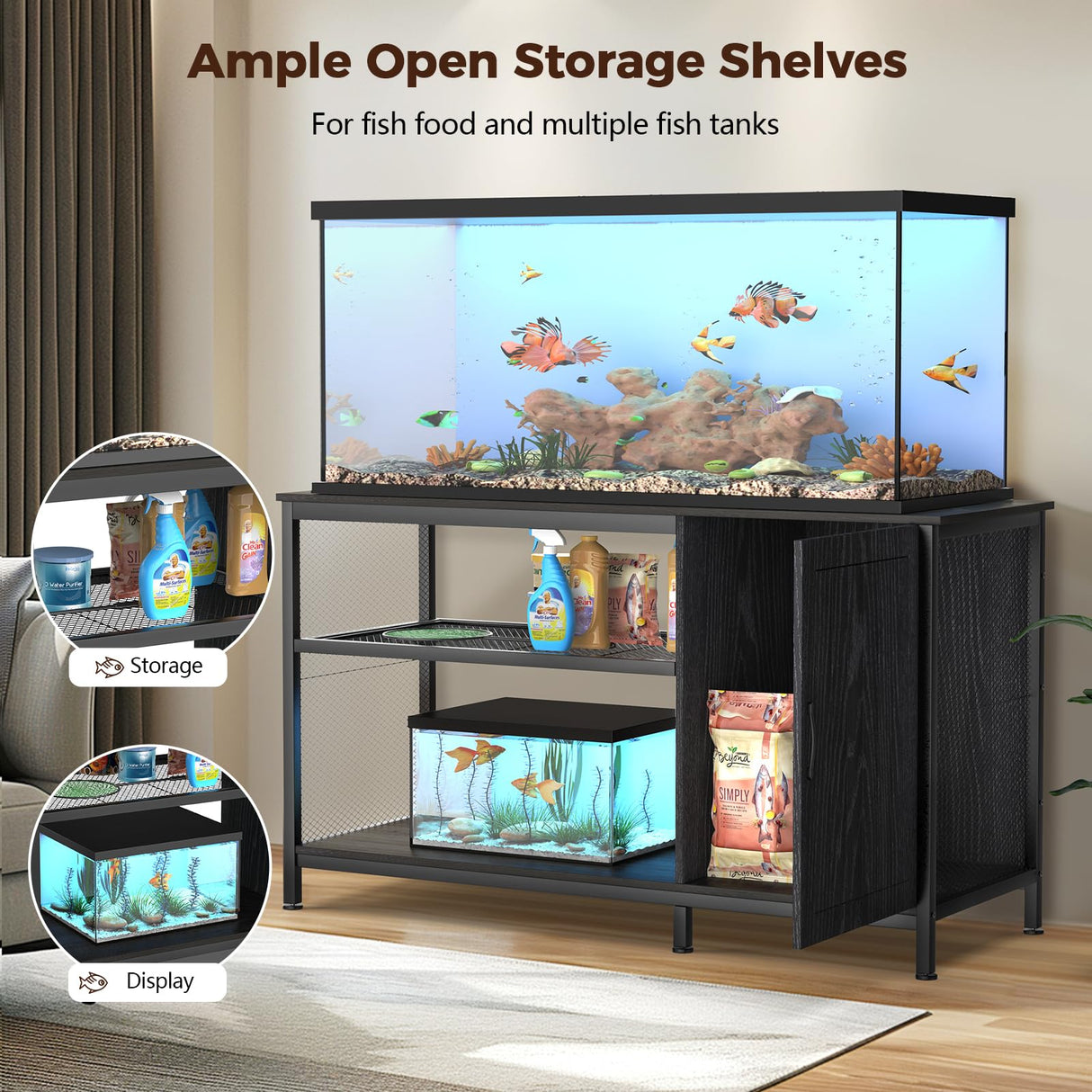 Tatub 55-90 Gallon Fish Tank Stand Large Aquarium Stand with Accessories Storage, Heavy Duty Metal Fish Tank Cabinet Suitable for Turtle Tank, Reptile Terrarium Stand, 1000LBS Capacity, Black Tatub