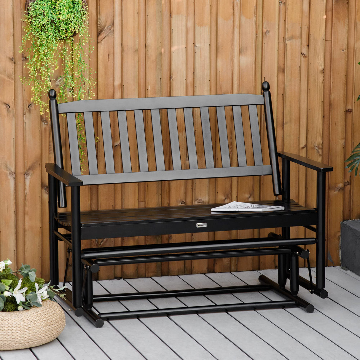 Outsunny Black Wooden Patio Glider Bench – Heavy Duty Outdoor Loveseat for Two with High Back and Armrests Outsunny