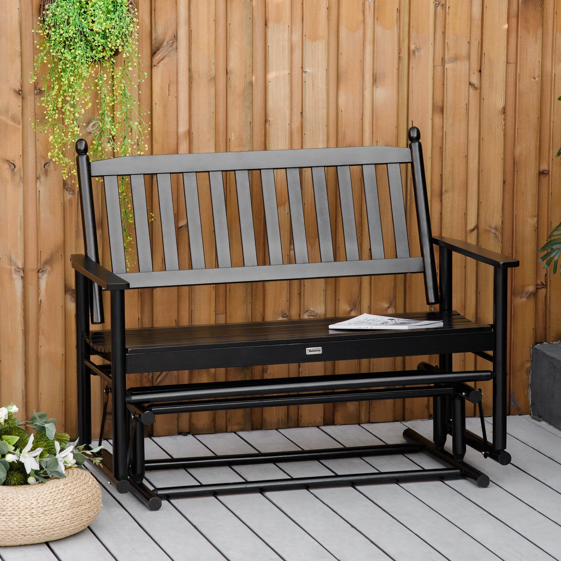 Outsunny Black Wooden Patio Glider Bench – Heavy Duty Outdoor Loveseat for Two with High Back and Armrests - WoodArtSupply