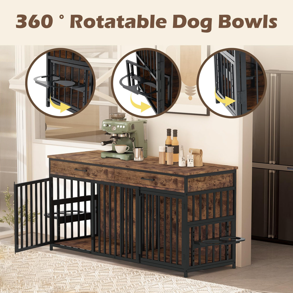 NEOCOZY Double Dog Crate Furniture, Indoor Large Heavy Duty, 72x24x36 inch Dog Crate Furniture for 2 Dogs with Bowl Stand NEOCOZY