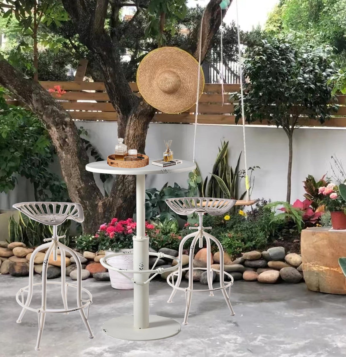 Diwhy Industrial Pub Table 23.6" Iron Round Desktop 37.4" Height Cast Iron Bar Table Antique White Diwhy