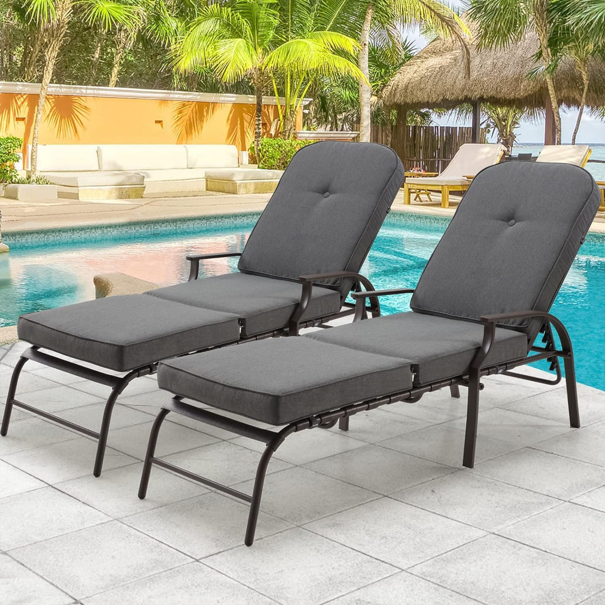 U-MAX Set of 2 Adjustable Outdoor Chaise Lounge Chair Patio Lounge Chair Recliner Furniture with Armrest and Cushion for Deck, Poolside, Backyard (Grey) U-MAX