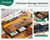 AODK 47 Inch Electric Standing Desk with 3 Drawers, Brown, Height Adjustable Desk with Power Outlets & LED Lights, Stand Up Desk with Monitor Shelf, Sit Stand Desk Computer Workstation AODK