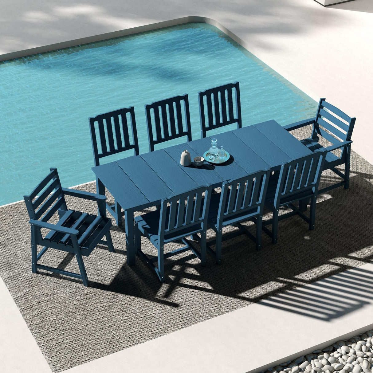 Patio Kingdom 9-Piece Outdoor Dining Set for 8, 75.2" HDPE Table with Umbrella Hole & 8 Chairs, All-Weather Patio Furniture for Lawn, Yard, Deck, or Poolside, Fade & Crack Resistant (Navy Blue) Patio Kingdom