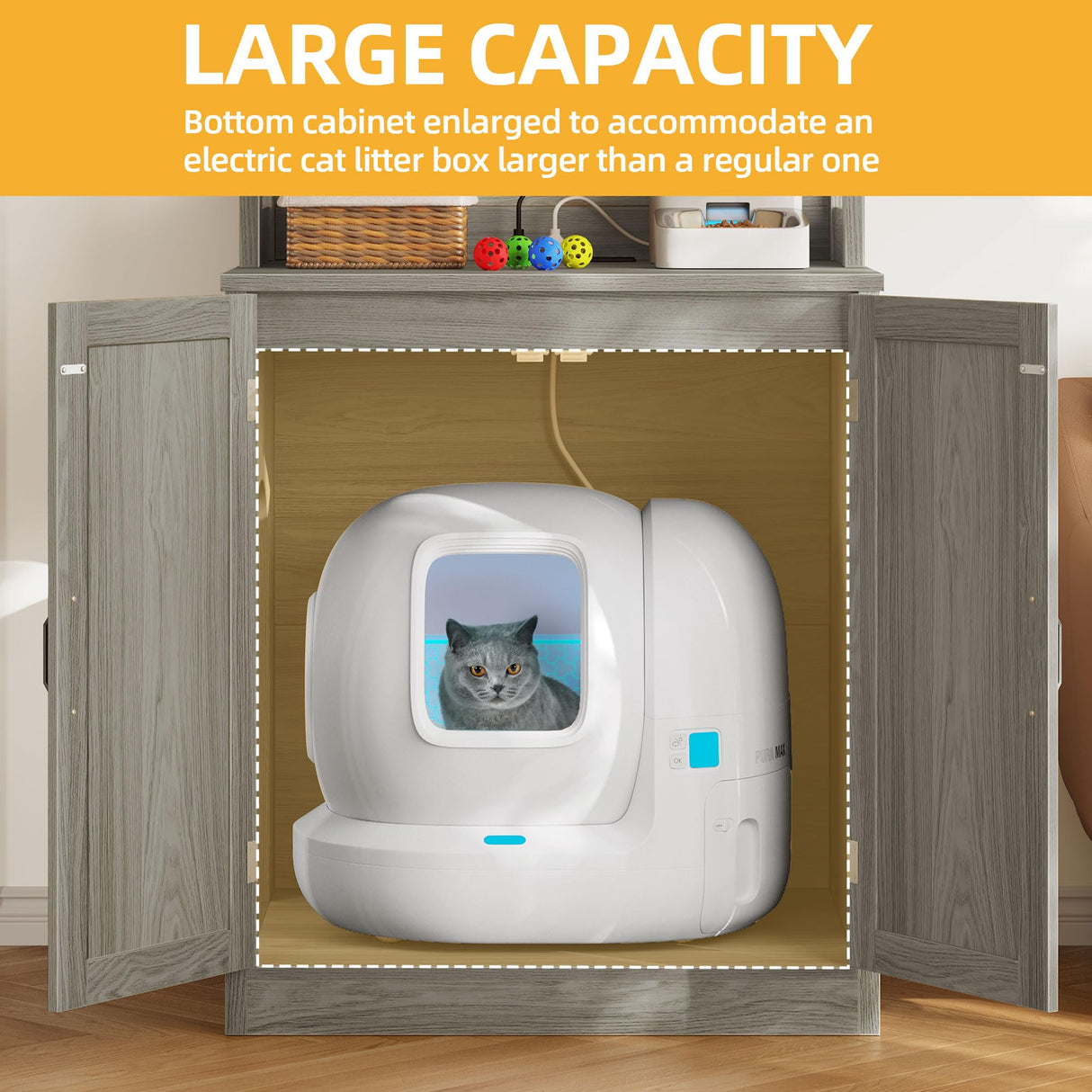 DWVO Large Hidden Litter Box Furniture with Shelves and Charging Station, Wooden Enclosure for Self-Cleaning Litter Boxes, Grey DWVO