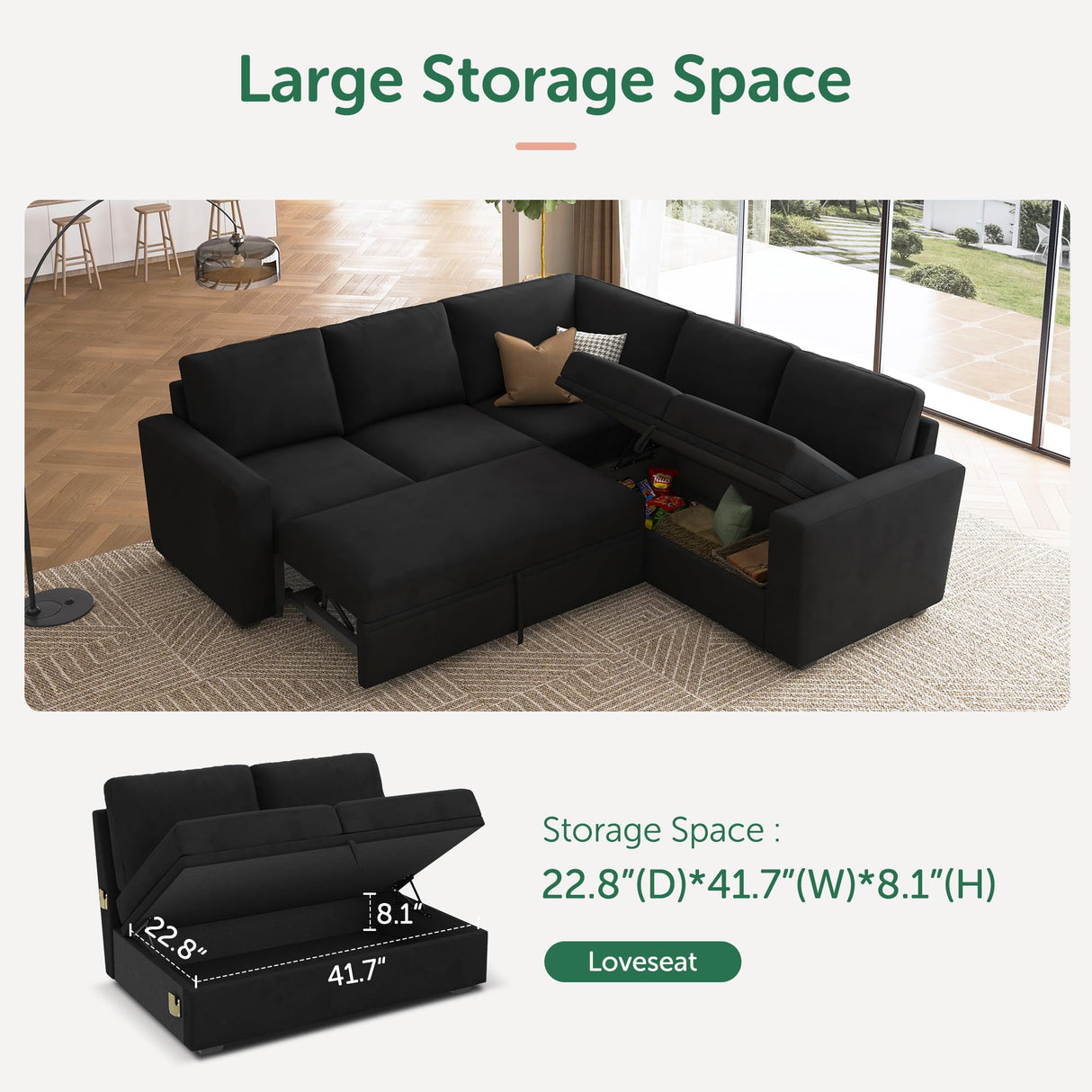 HONBAY Modular Sectional Sleeper Sofa with Pull Out Bed, Velvet L Shaped Sectional Couch with Storage Seat, Convertible Sectional Couches for Living Room, Black HONBAY