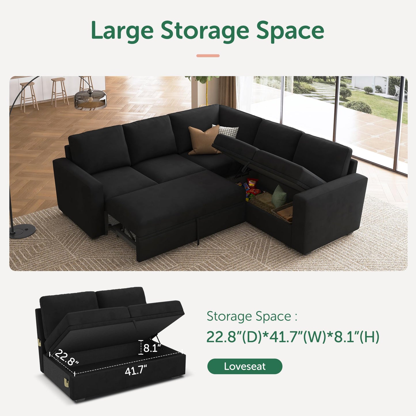 HONBAY Modular Sectional Sleeper Sofa with Pull Out Bed, Velvet L Shaped Sectional Couch with Storage Seat, Convertible Sectional Couches for Living Room, Black