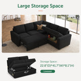 HONBAY Modular Sectional Sleeper Sofa with Pull Out Bed, Velvet L Shaped Sectional Couch with Storage Seat, Convertible Sectional Couches for Living Room, Black HONBAY