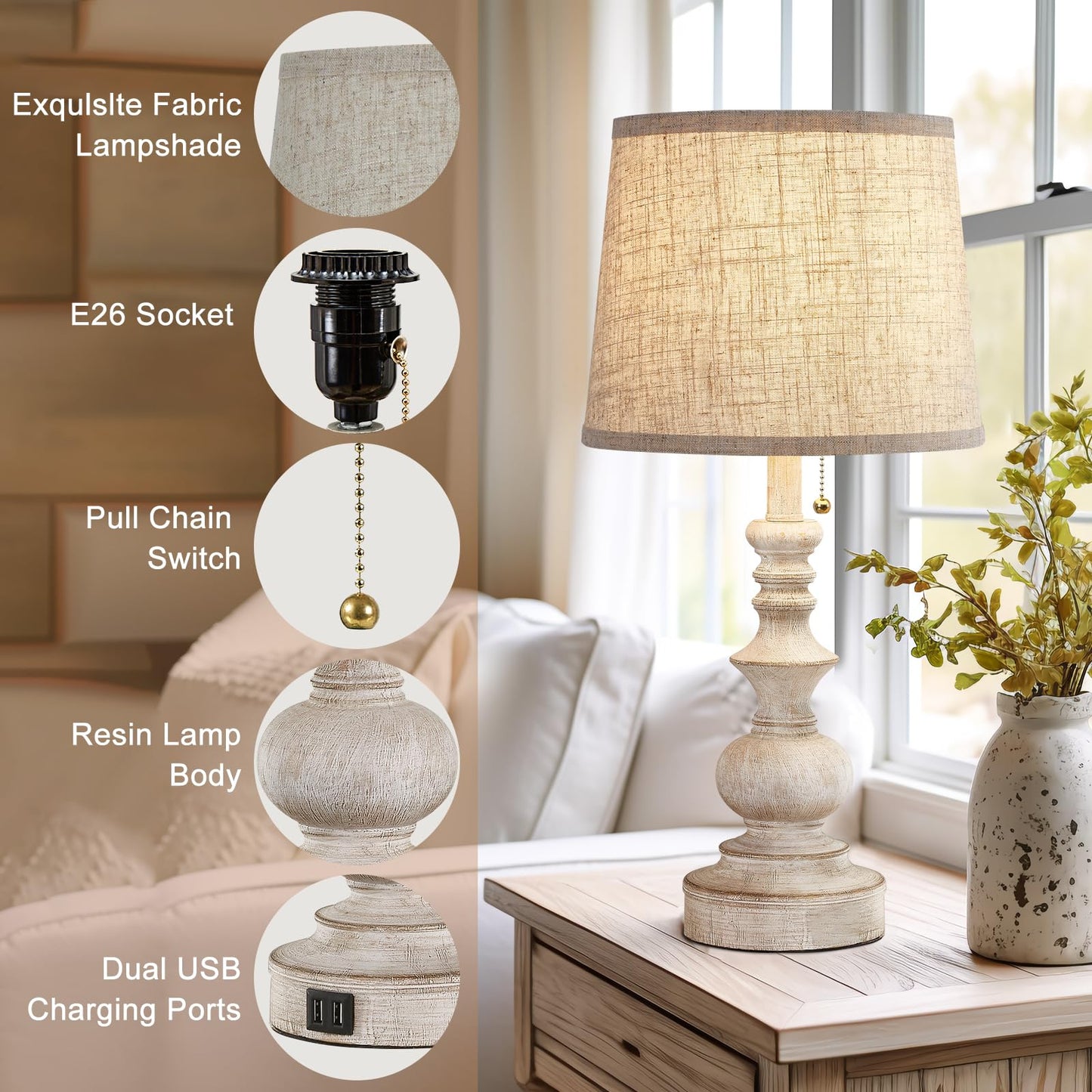 Drawealth Table Lamps for Bedrooms Set of 2 Farmhouse Bedside Lamps for Nightstand with USB Charging Ports Traditional Side Table Lamps for Living - WoodArtSupply