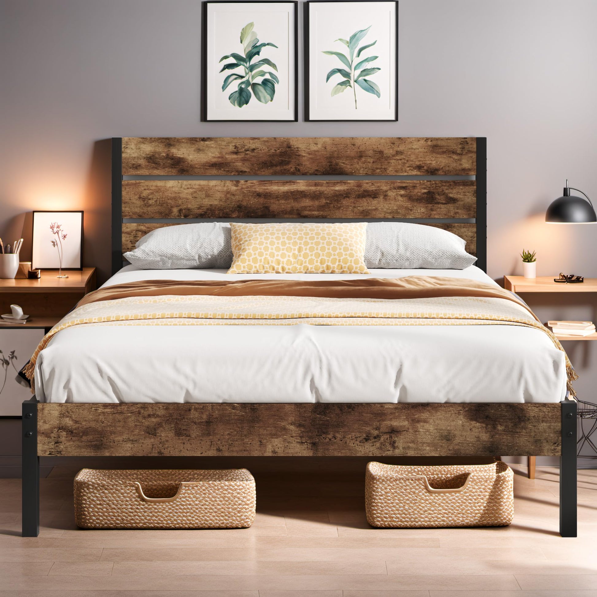 Lifezone Vintage Brown Queen Metal Bed Frame with Headboard, Footboard, and Under-Bed Storage - WoodArtSupply