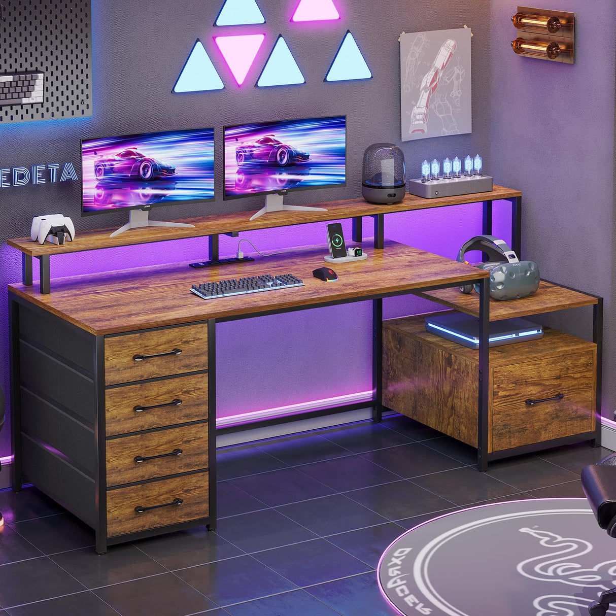 SEDETA Home Office Desk with File Drawer & Power Outlet, 66'' Computer Desk with 5 Drawer, Storage Shelves, Printer Cabinet and Monitor Shelf, Gaming Desk with Led Lights, Rustic Brown SEDETA