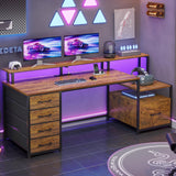 SEDETA Home Office Desk with File Drawer & Power Outlet, 66'' Computer Desk with 5 Drawer, Storage Shelves, Printer Cabinet and Monitor Shelf, Gaming Desk with Led Lights, Rustic Brown SEDETA