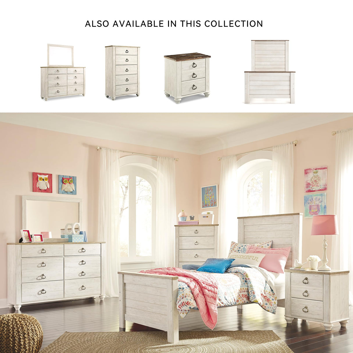 Signature Design by Ashley Willowton Casual Twin Panel Bed with Metal Slats, Foundation or Box Spring Needed, Whitewash Signature Design by Ashley