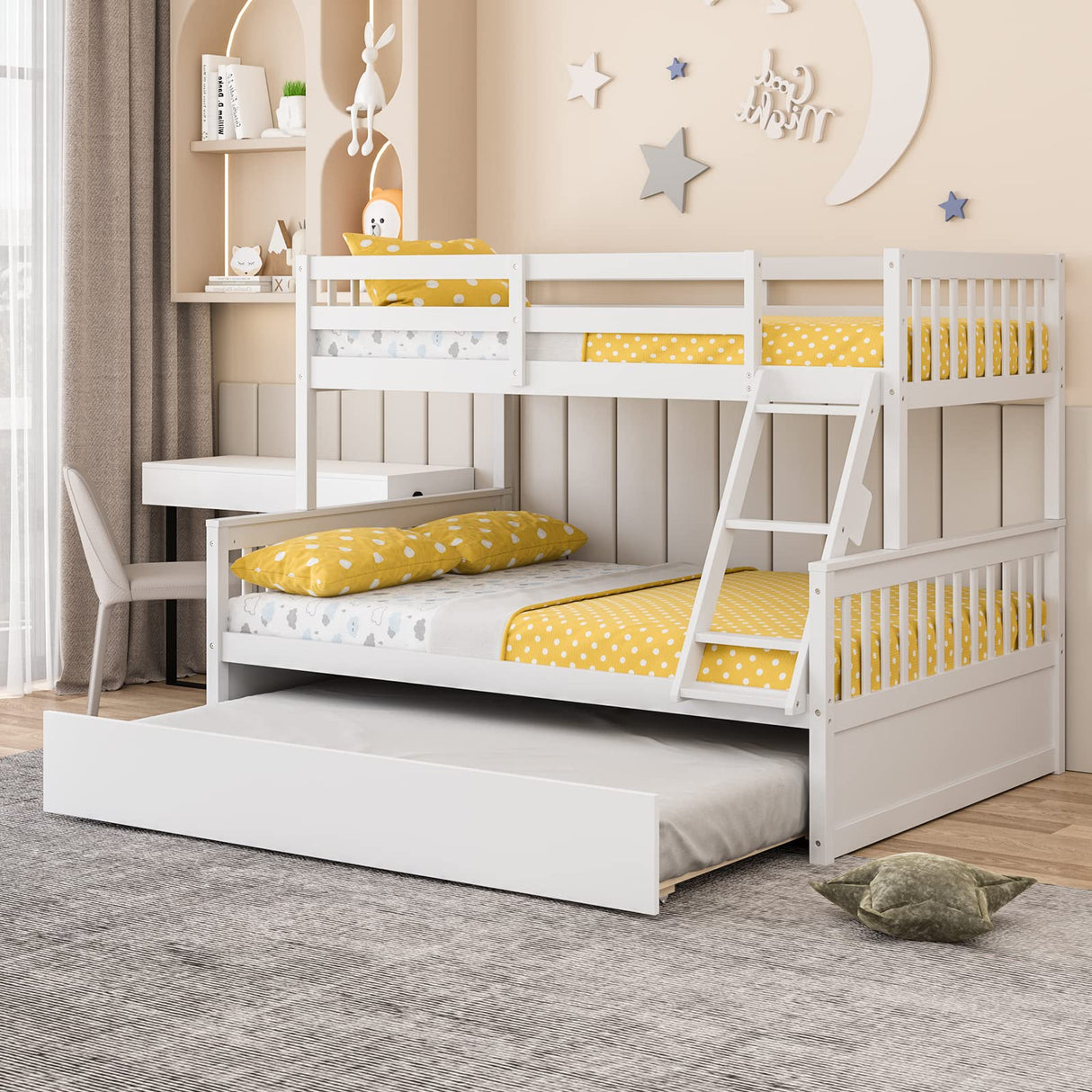 Giantex Twin Over Full Bunk Bed with Trundle, Convertible Platform Bed Frame with Ladder, Solid Wood Frame & Safety High Guardrails, Space-Saving Bunk Bed for Teens & Kids, No Box Spring Needed, White Giantex