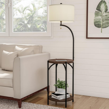 Lavish Home Floor Lamp with End Table - Modern Rustic Side Shelves with USB Charging Port, LED Light Bulb, and Drum-Shaped Shade - Standing Lights Lavish Home