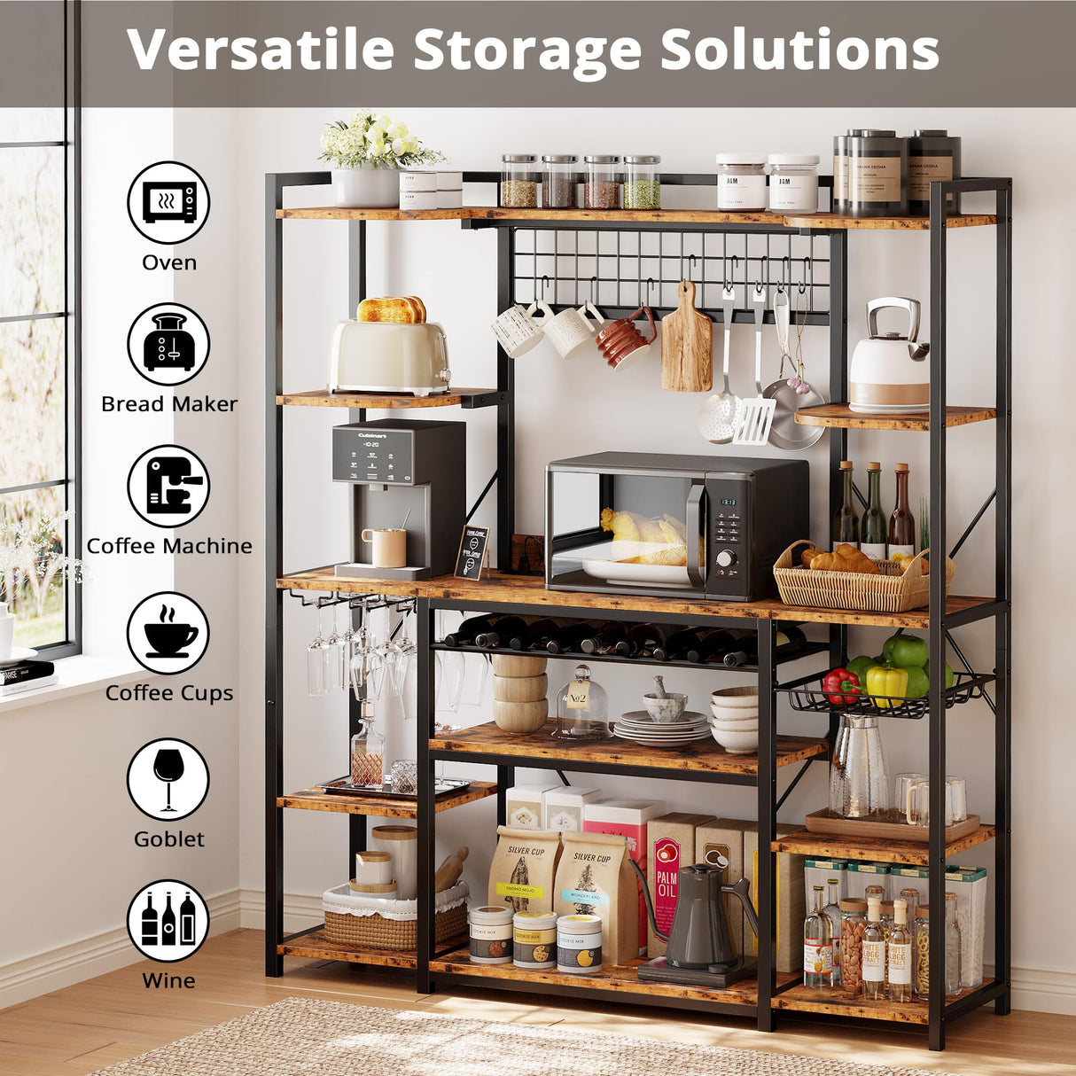 IRONCK Large Bakers Rack with Power Outlet, 62 Inch Wide Microwave Stand, Coffee Bar with Storage, Kitchen Racks and Shelves IRONCK